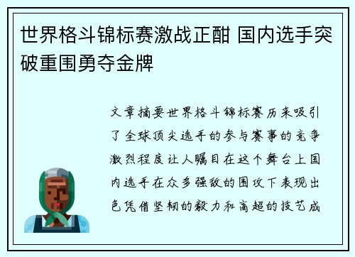 世界格斗锦标赛激战正酣 国内选手突破重围勇夺金牌