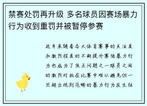 禁赛处罚再升级 多名球员因赛场暴力行为收到重罚并被暂停参赛