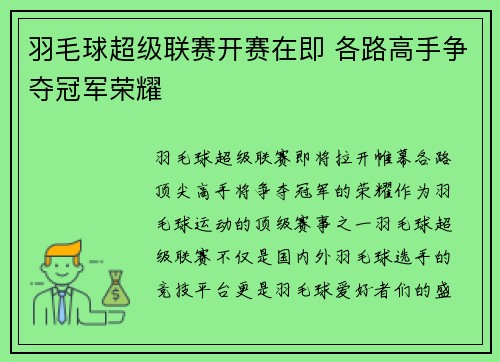 羽毛球超级联赛开赛在即 各路高手争夺冠军荣耀
