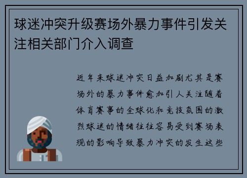 球迷冲突升级赛场外暴力事件引发关注相关部门介入调查