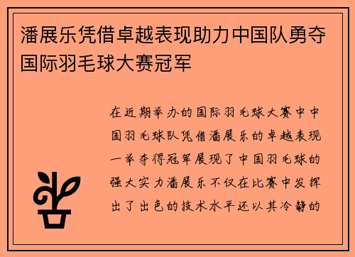 潘展乐凭借卓越表现助力中国队勇夺国际羽毛球大赛冠军