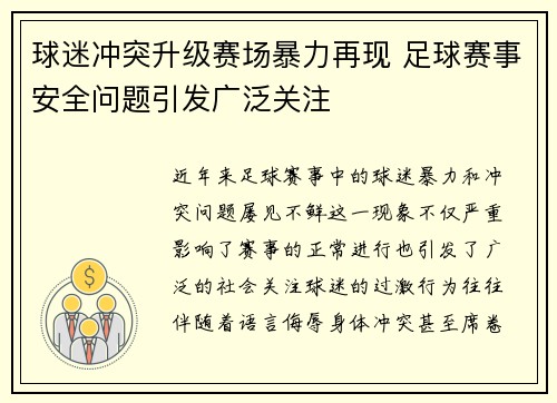 球迷冲突升级赛场暴力再现 足球赛事安全问题引发广泛关注